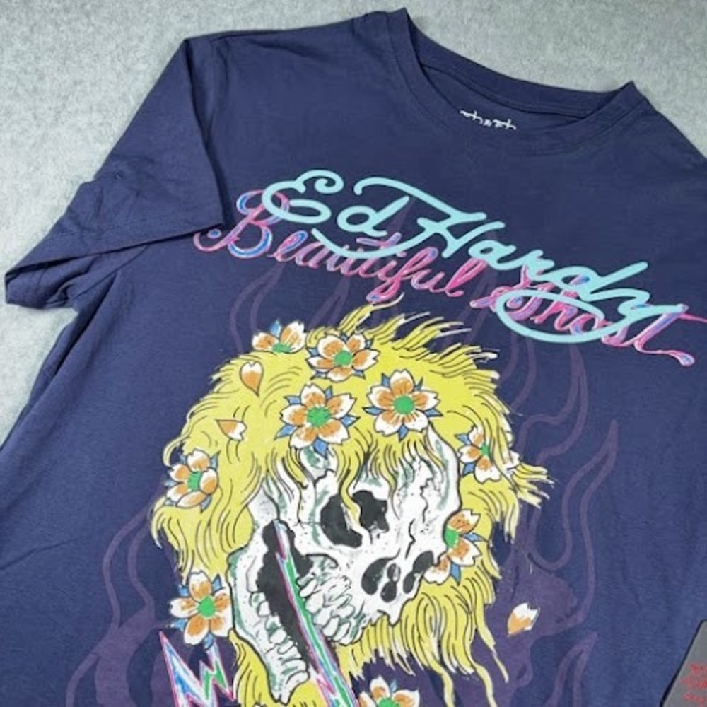 Ed by Ed Hardy T shirt Mens Large Blue Beautiful Ghost Skull Floral NEW